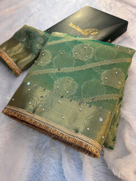 Premium Tissue Silk Saree with Hand Mirror And Moti Work