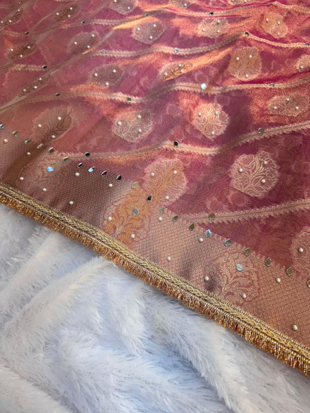 Premium Tissue Silk Saree with Hand Mirror And Moti Work