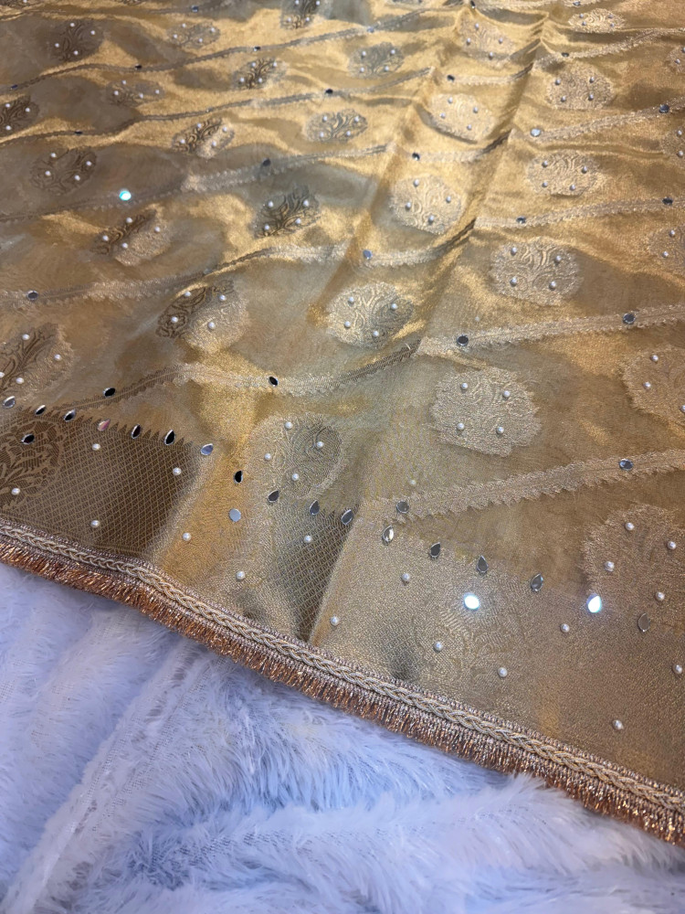 Image of Premium Tissue Silk Saree with Hand Mirror And Moti Work