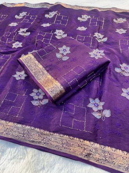 Chinnon Silk Hand Zardozi Resham Embroidery Work Saree