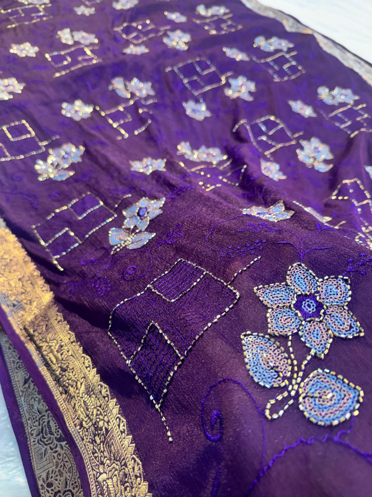 Image of Chinnon Silk Hand Zardozi Resham Embroidery Work Saree