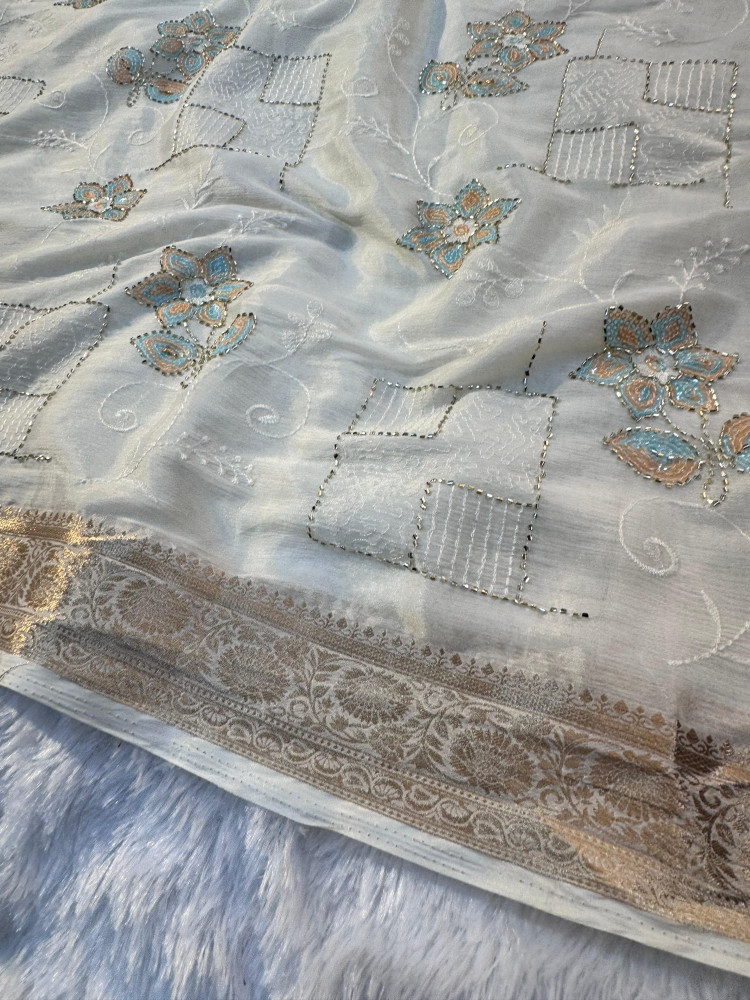 Image of Chinnon Silk Hand Zardozi Resham Embroidery Work Saree