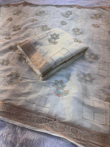Chinnon Silk Hand Zardozi Resham Embroidery Work Saree