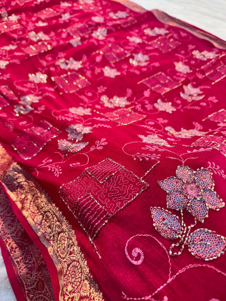 Chinnon Silk Hand Zardozi Resham Embroidery Work Saree