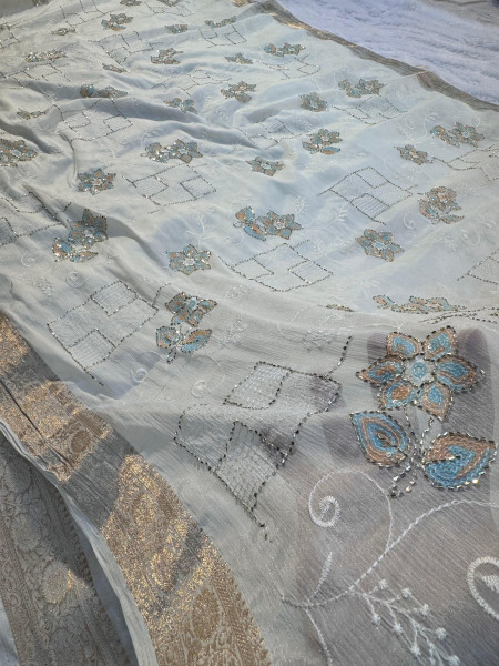 Chinnon Silk Hand Zardozi Resham Embroidery Work Saree