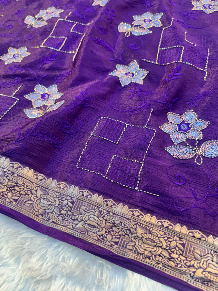 Chinnon Silk Hand Zardozi Resham Embroidery Work Saree