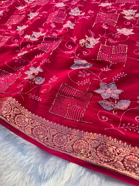 Chinnon Silk Hand Zardozi Resham Embroidery Work Saree
