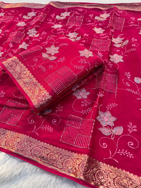 Chinnon Silk Hand Zardozi Resham Embroidery Work Saree