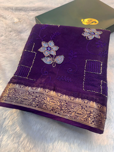 Chinnon Silk Hand Zardozi Resham Embroidery Work Saree