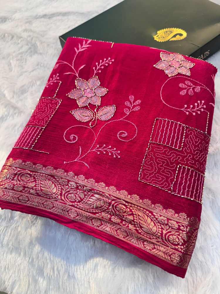Image of Chinnon Silk Hand Zardozi Resham Embroidery Work Saree