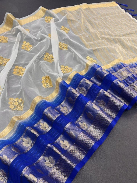Organza Silk Saree with Gold Zari Embroidery Work and Sequence Border
