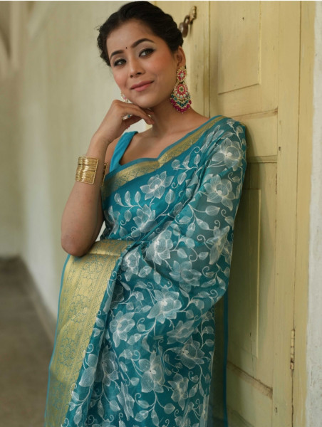 Premium Tissue Silk Chikankari Embroidery Work Saree