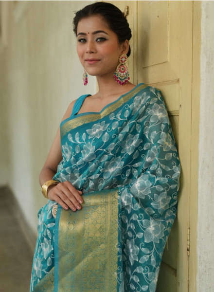 Premium Tissue Silk Chikankari Embroidery Work Saree
