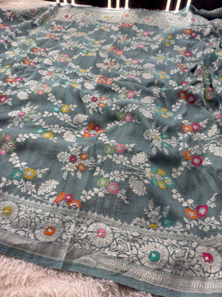 Tussar Georgette Handloom Banarasi Saree - All over Jaal Work with six color meenakari