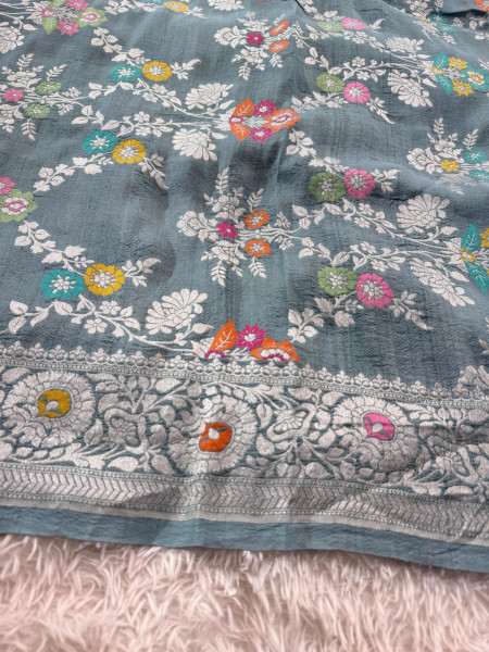 Tussar Georgette Handloom Banarasi Saree - All over Jaal Work with six color meenakari