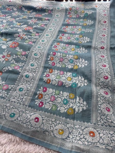 Tussar Georgette Handloom Banarasi Saree - All over Jaal Work with six color meenakari