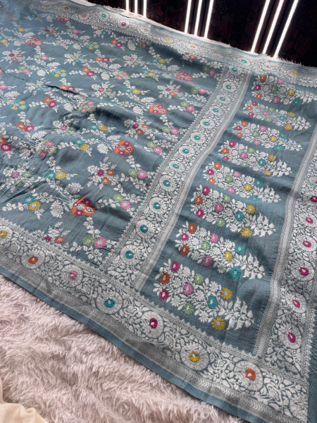 Tussar Georgette Handloom Banarasi Saree - All over Jaal Work with six color meenakari