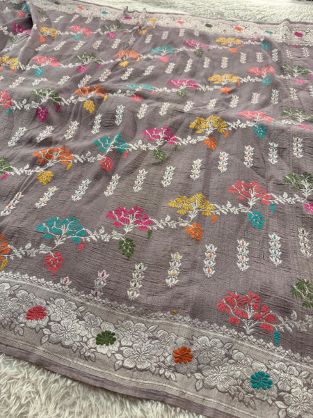 Tussar Georgette Handloom Banarasi Saree - All over Jaal Work with six color meenakari