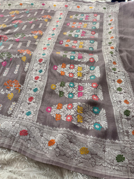 Tussar Georgette Handloom Banarasi Saree - All over Jaal Work with six color meenakari