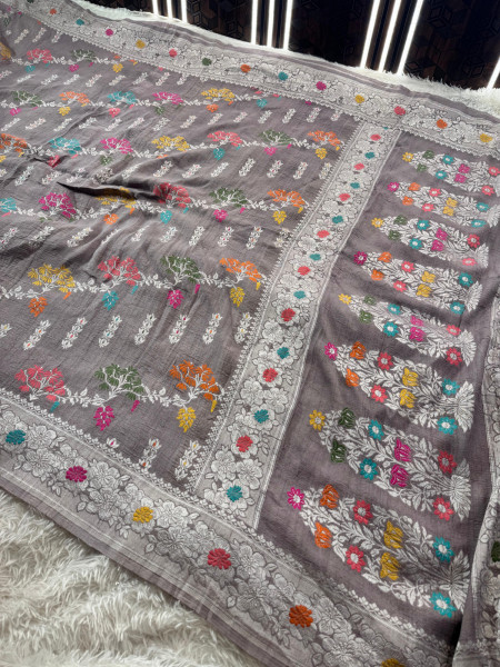 Tussar Georgette Handloom Banarasi Saree - All over Jaal Work with six color meenakari