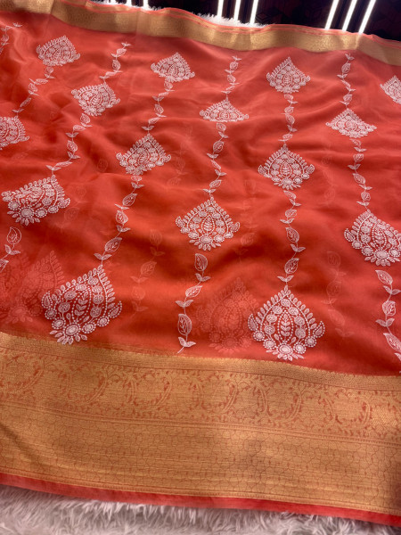 Organza Silk Chikankari Embroidery  Saree