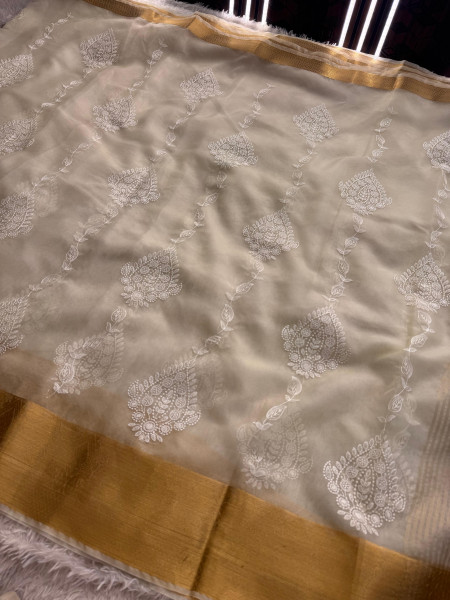 Organza Silk Chikankari Embroidery  Saree