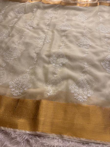Organza Silk Chikankari Embroidery  Saree