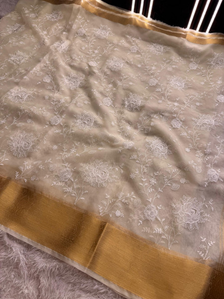 Organza Silk Chikankari Embroidery Saree