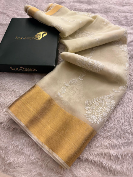 Organza Silk Chikankari Embroidery  Saree