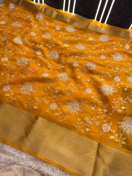 Organza Silk Chikankari Embroidery Saree
