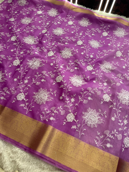 Organza Silk Chikankari Embroidery Saree