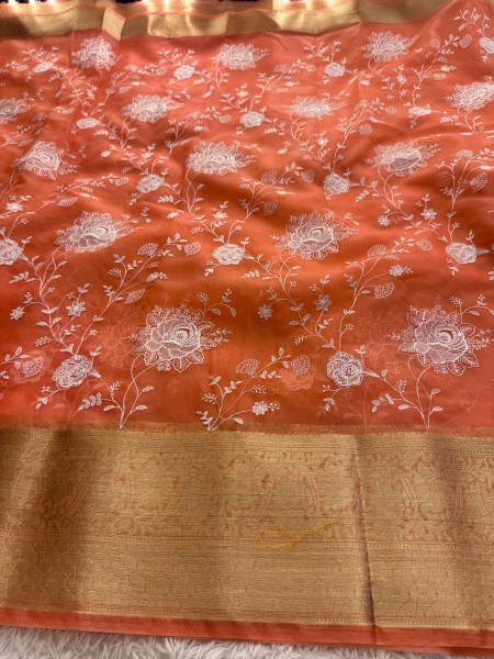 Organza Silk Chikankari Embroidery Saree