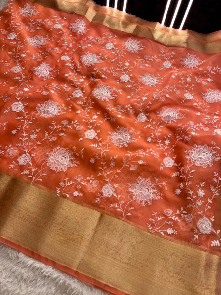 Organza Silk Chikankari Embroidery Saree