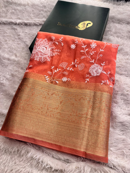 Organza Silk Chikankari Embroidery Saree