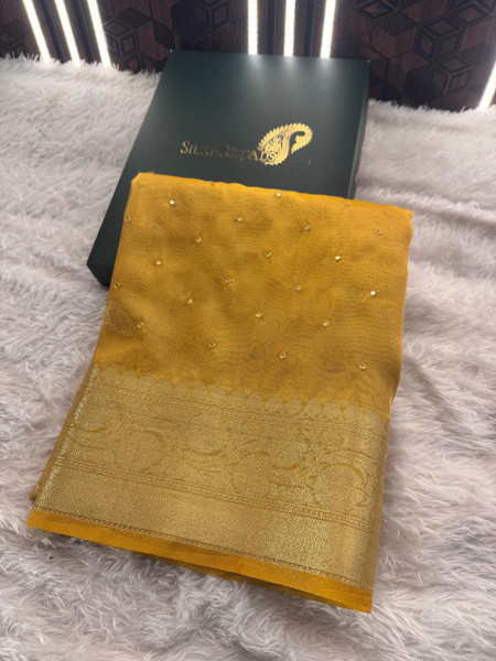 Premium Banarasi Tissue Silk Saree with Mini Handwork Mirror