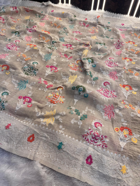 Tussar Georgette Handloom Banarasi Saree - All over Jaal Work with six color meenakari