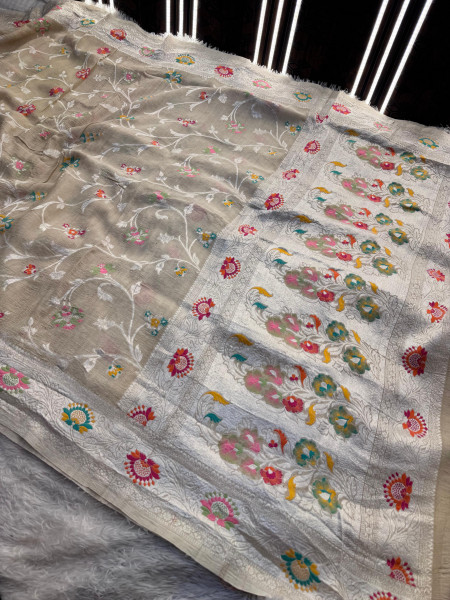 Tussar Georgette Handloom Banarasi Saree - All over Jaal Work with six color meenakari