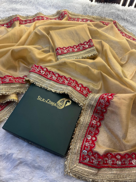 Premium Banarasi Tissue Silk Saree with Designer Red Zari Border