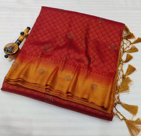 Premium Banarasi Softy Silk Saree with Swarovski Crystal Work and Tassels