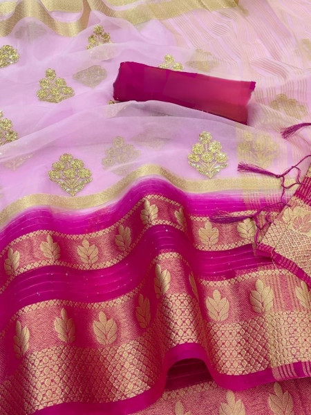 Organza Silk Saree with Gold Zari Embroidery Work and Sequence Border