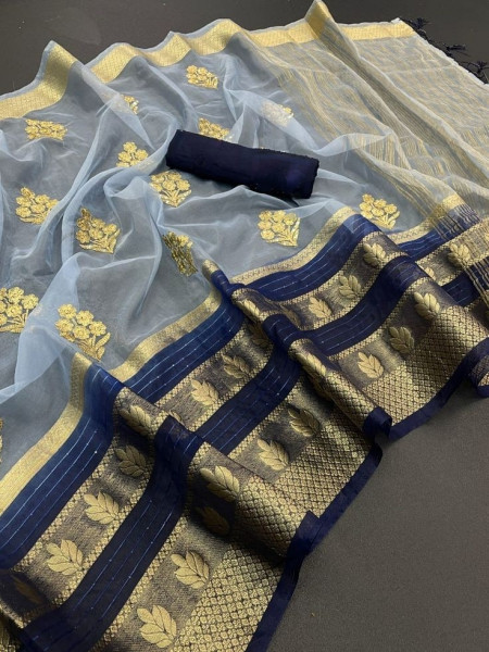 Organza Silk Saree with Gold Zari Embroidery Work and Sequence Border