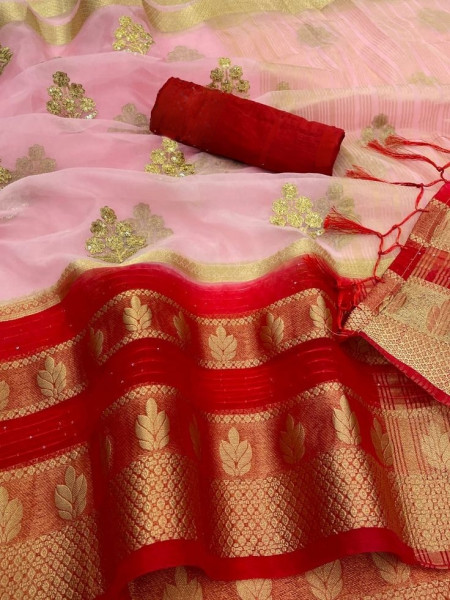 Organza Silk Saree with Gold Zari Embroidery Work and Sequence Border
