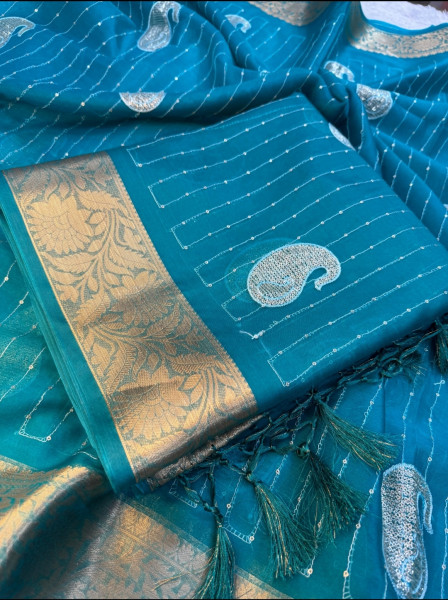Organza Silk Saree with Sequence Embroidery Work and Tassels