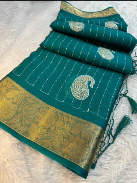 Organza Silk Saree with Sequence Embroidery Work and Tassels