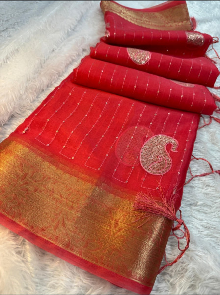 Organza Silk Saree with Sequence Embroidery Work and Tassels