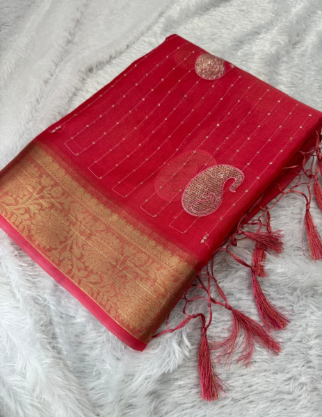Organza Silk Saree with Sequence Embroidery Work and Tassels