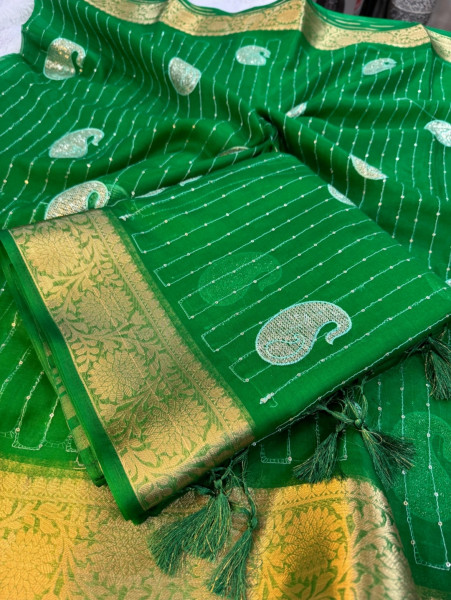 Organza Silk Saree with Sequence Embroidery Work and Tassels