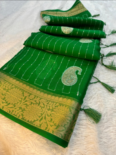 Organza Silk Saree with Sequence Embroidery Work and Tassels