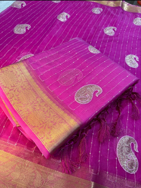 Organza Silk Saree with Sequence Embroidery Work and Tassels