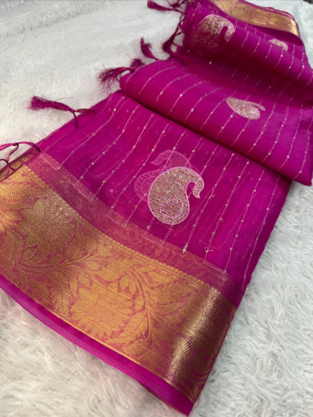 Organza Silk Saree with Sequence Embroidery Work and Tassels